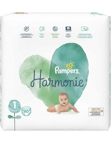 Pampers Couches Harmonie Taille 1 (2-5kg) 0% de compromis, 100%  d'absorption, Ingrédients d'origine végétale, Hypoallergéniques, 140 Couches  - LeBonKen